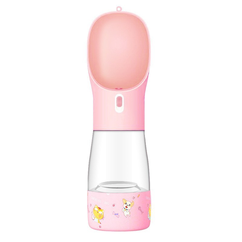 Portable pink pet dog water bottle with built-in drinking bowl and cartoon design for outdoor travel