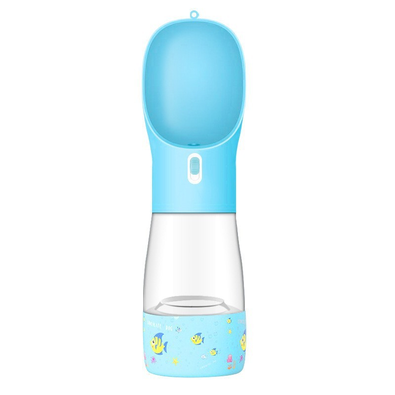 Portable pet dog water bottle with a blue bowl and fish design for outdoor travel drinking