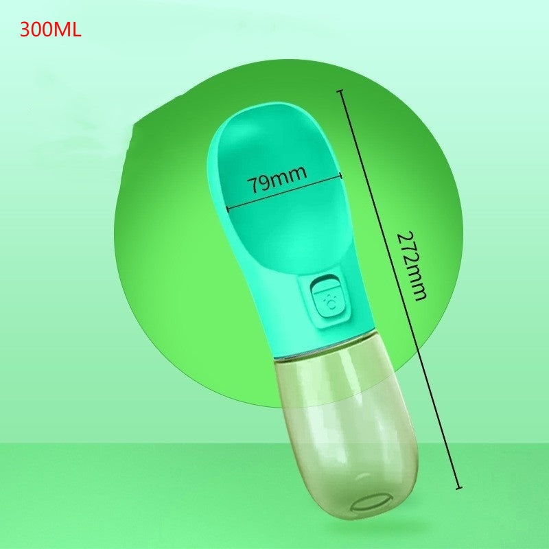Portable pet dog water bottle with built-in drinking bowl, 300ml capacity, teal color, travel-friendly design