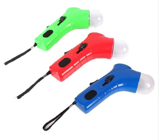 Portable pet treat launcher in green, red, and blue with wrist strap for dogs and cats