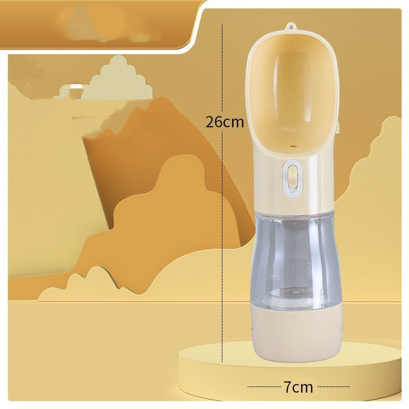 beige portable pet dog water bottle feeder bowl with measurements on yellow background