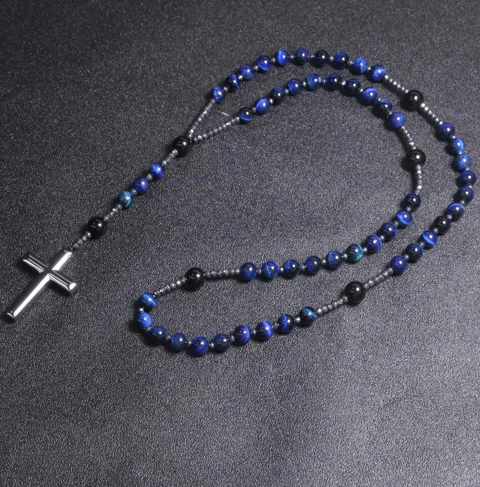 Natural Blue Tiger Eye Cross Pendant Necklace for Men