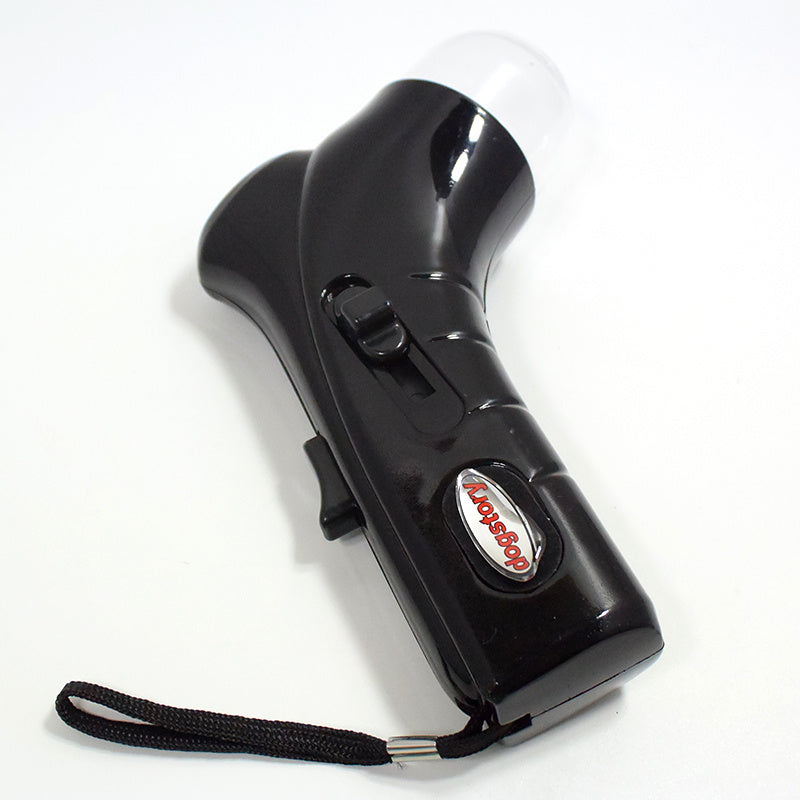 Black portable pet treat launcher with wrist strap and spring-loaded trigger for feeding dogs and cats