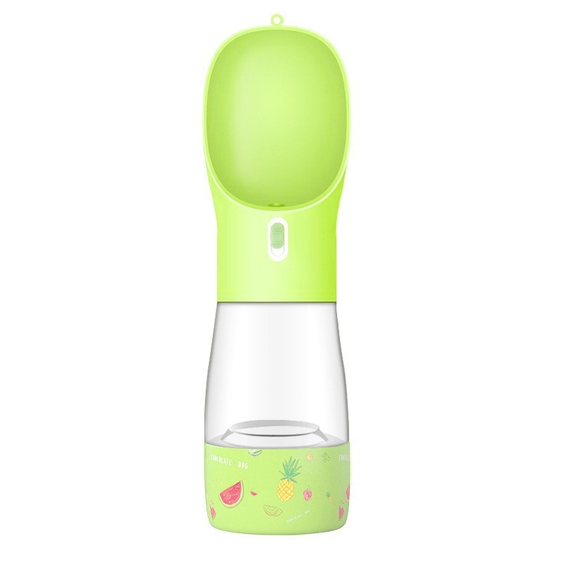 Portable green pet dog water bottle with built-in drinking bowl for outdoor travel