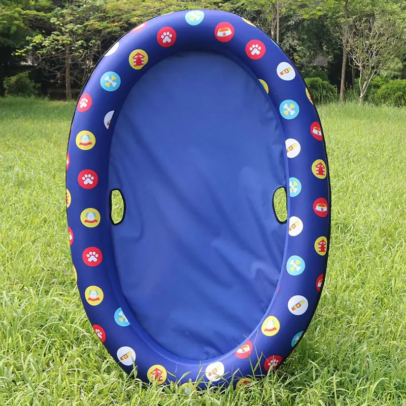 Inflatable dog swimming pool hammock in blue with colorful pattern, ideal for pets to relax and play in water.