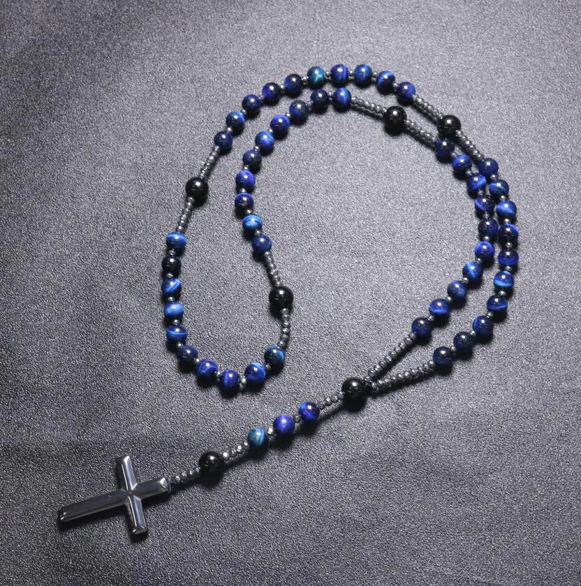 Natural Blue Tiger Eye Cross Pendant Necklace for Men