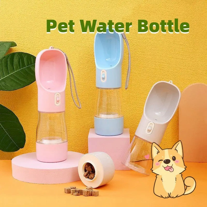 Portable pet dog water bottle with detachable bowl in pink, blue, and grey for outdoor travel and easy pet drinking