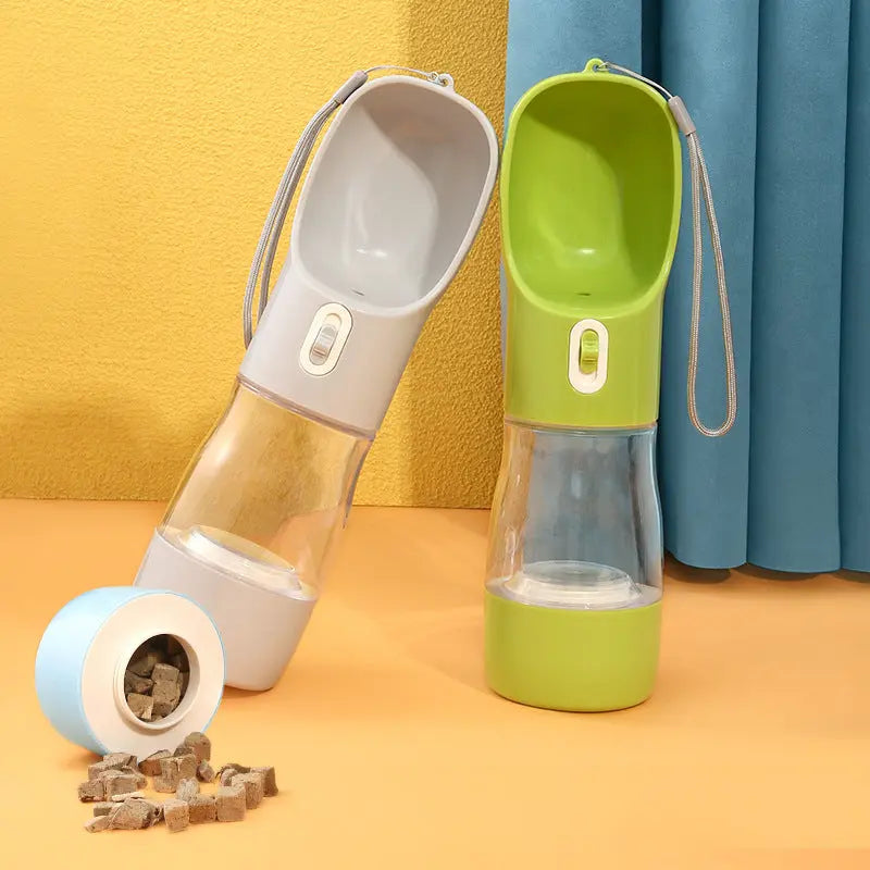 Portable pet dog water bottle with attached bowl for outdoor travel and feeding, available in multiple colors.