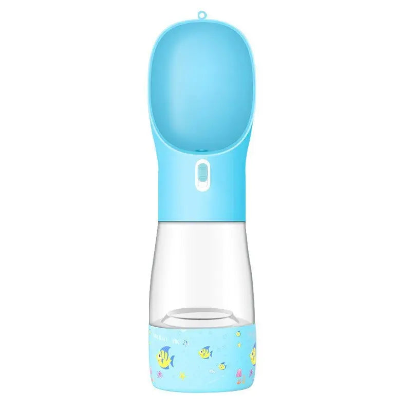 Portable pet dog water bottle with a blue bowl and fish design for outdoor travel drinking