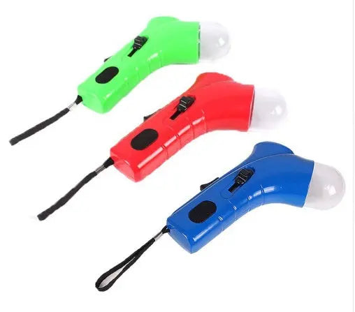 Portable pet treat launcher in green, red, and blue with wrist strap for dogs and cats