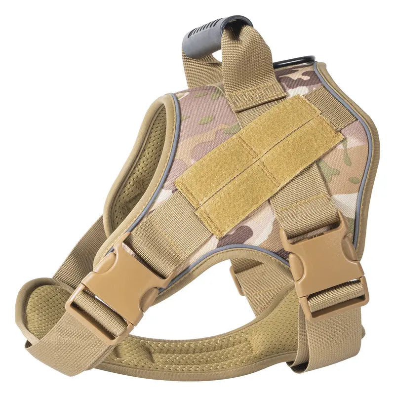 Camouflage tactical dog vest for large breeds with adjustable straps and durable fabric
