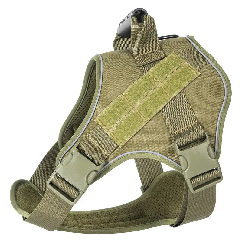 Olive green tactical dog vest for large dogs with adjustable straps and velcro attachments.