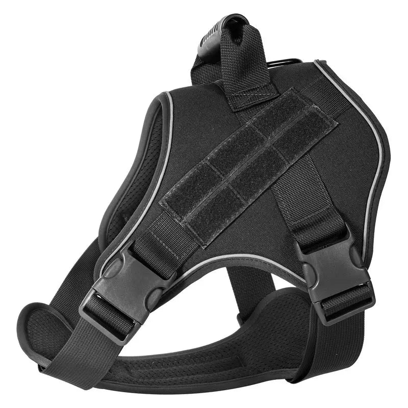 Black tactical dog vest with adjustable straps and durable fabric for large dogs.