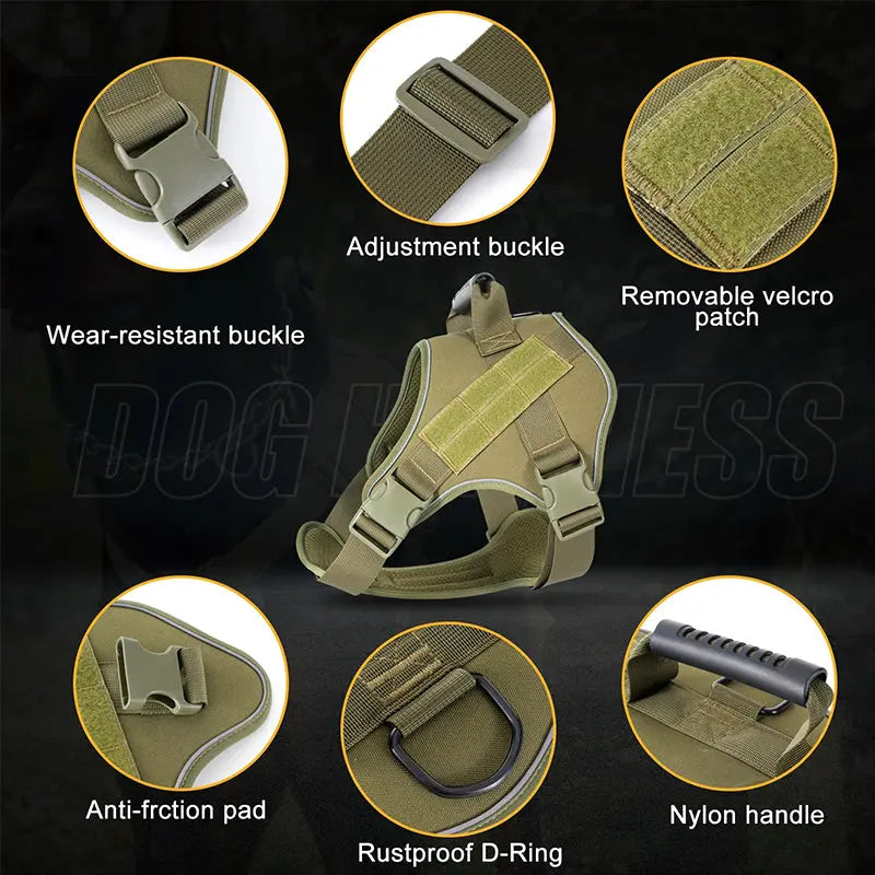 Tactical dog vest for large dogs with wear-resistant buckle, adjustable straps, removable velcro patch, anti-friction pad, rustproof D-ring, and nylon handle.