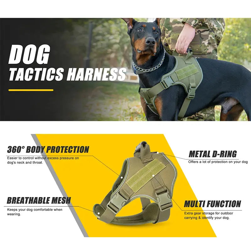 Tactical dog vest in olive green with breathable mesh, metal D-ring, and multi-function design for large dogs training and outdoor use