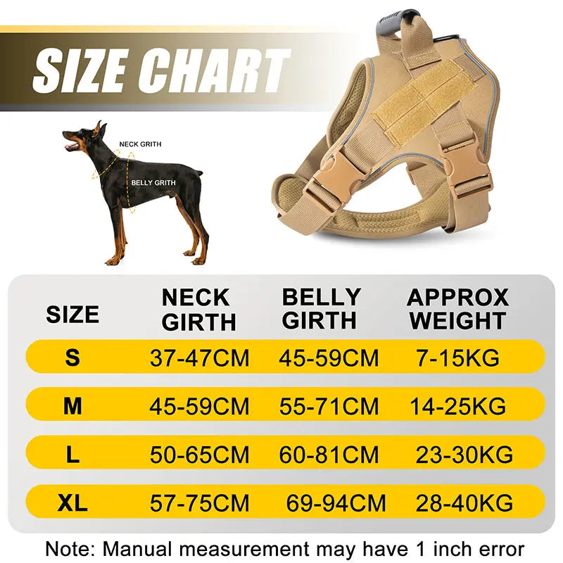 Tactical dog vest in tan color with adjustable straps, shown with size chart for large dogs including neck and belly girth measurements.