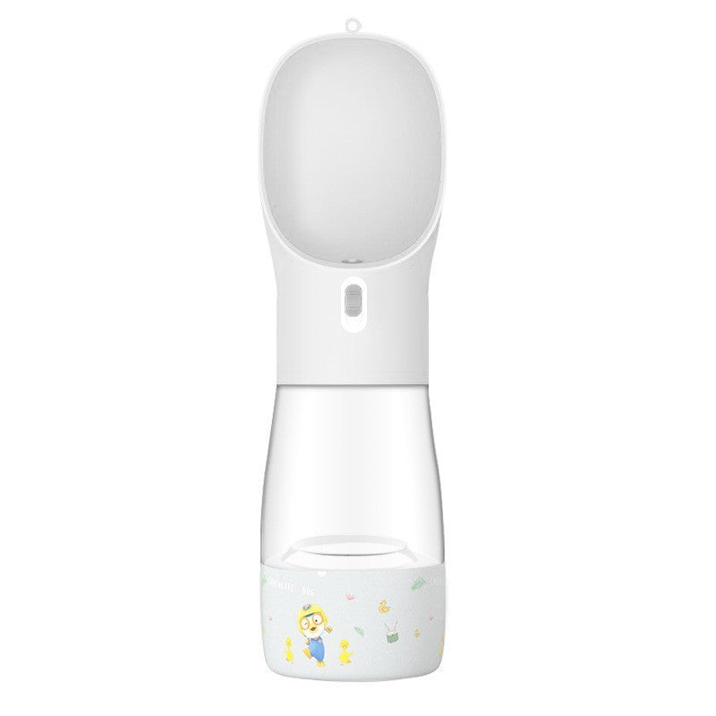 Portable white pet dog water bottle with built-in bowl for outdoor travel drinking