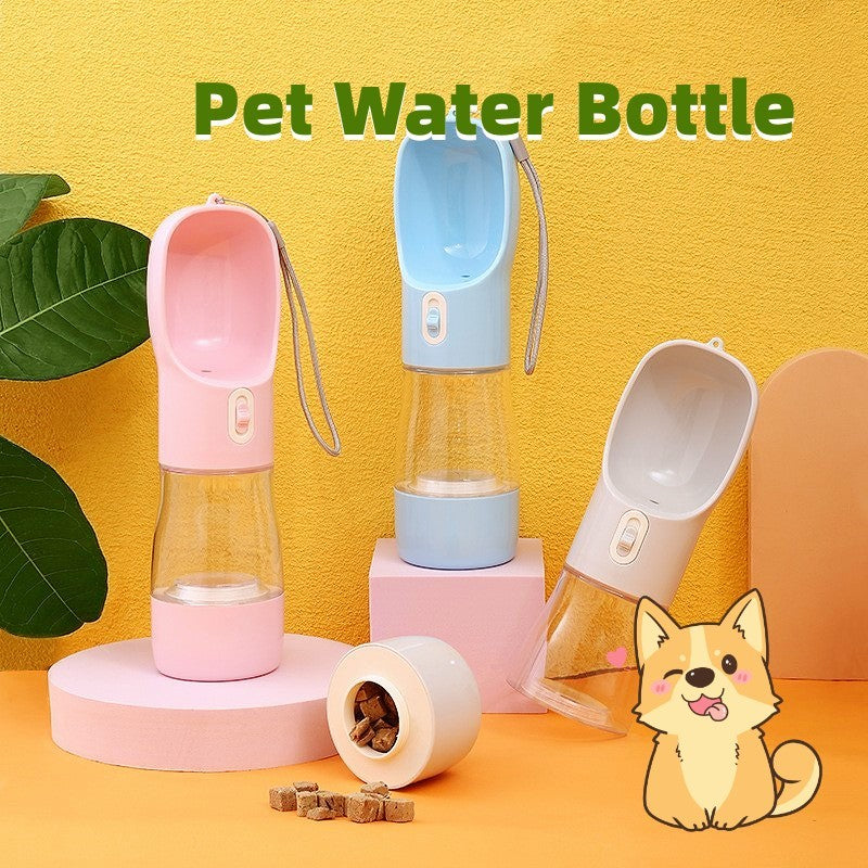 Portable pet dog water bottle with detachable bowl in pink, blue, and grey for outdoor travel and easy pet drinking