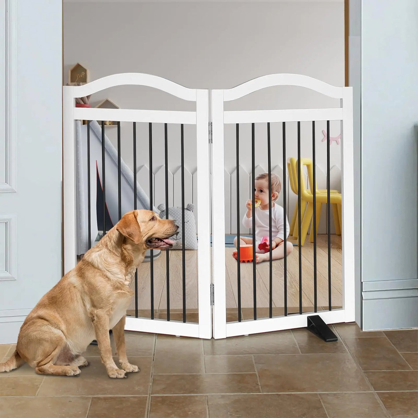 SFJC foldable freestanding indoor dog gate for doorways, white wooden pet barrier with two panels and support feet.