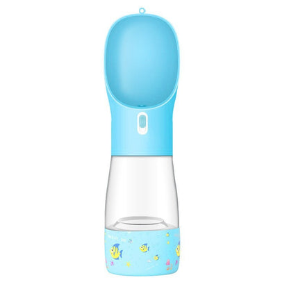 Portable pet dog water bottle with a blue bowl and fish design for outdoor travel drinking