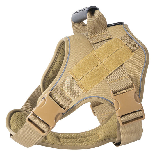 Tan tactical dog vest with adjustable straps and handle for large dogs, military-style training accessory
