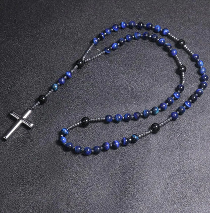 Natural Blue Tiger Eye Cross Pendant Necklace for Men