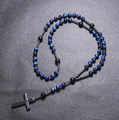 Natural Blue Tiger Eye Cross Pendant Necklace for Men