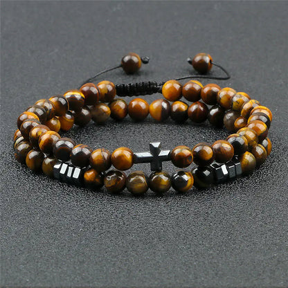 Cross Pendant Tiger Eye Beaded Bracelet