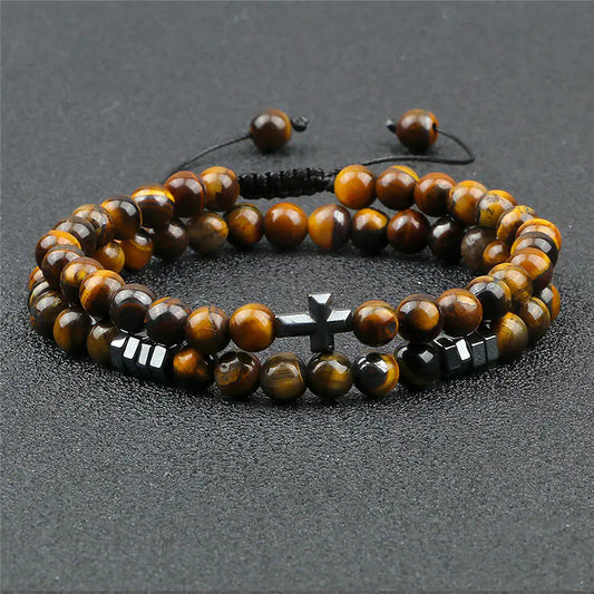Cross Pendant Tiger Eye Beaded Bracelet