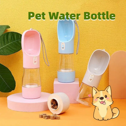 Portable pet dog water bottle with detachable bowl in pink, blue, and grey for outdoor travel and easy pet drinking