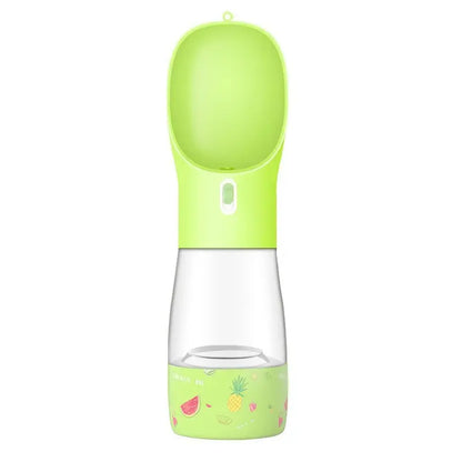 Portable green pet dog water bottle with built-in drinking bowl for outdoor travel