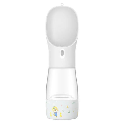 Portable white pet dog water bottle with built-in bowl for outdoor travel drinking