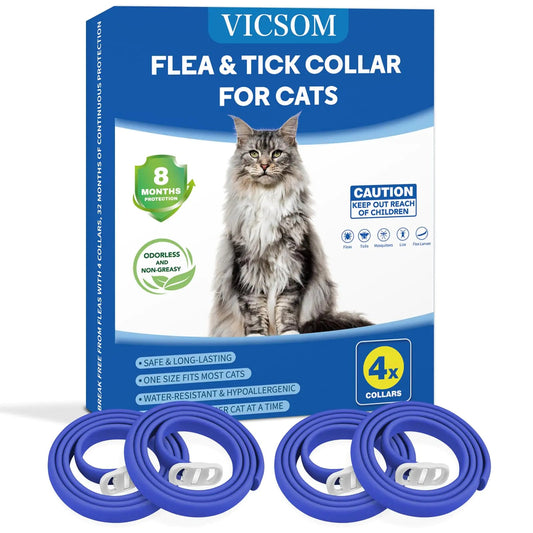 Flea Collar for Cats - 4 Pack, 8-Month Prevention, Waterproof, Adjustable, Natural Ingredients, Blue Color
