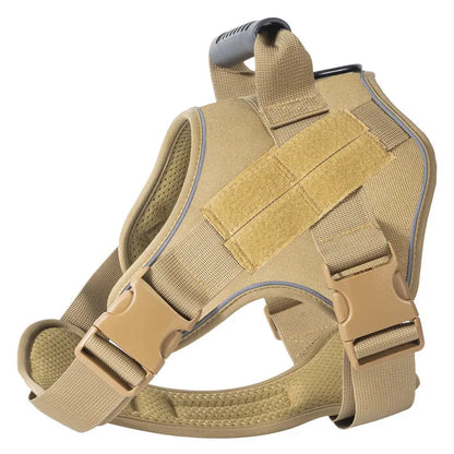 Tan tactical dog vest with adjustable straps and handle for large dogs, military-style training accessory