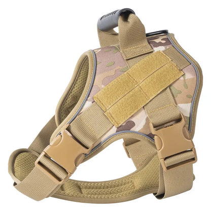 Camouflage tactical dog vest for large breeds with adjustable straps and durable fabric