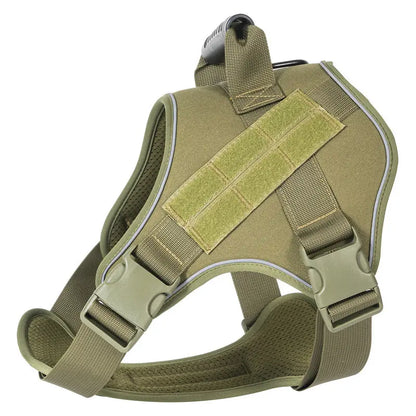 Olive green tactical dog vest for large dogs with adjustable straps and velcro attachments.