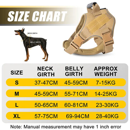 Tactical dog vest in tan color with adjustable straps, shown with size chart for large dogs including neck and belly girth measurements.