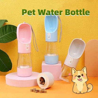 Portable pet dog water bottle with detachable bowl in pink, blue, and grey for outdoor travel and easy pet drinking