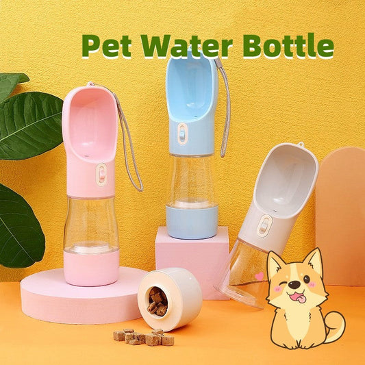 Portable pet dog water bottle with detachable bowl in pink, blue, and grey for outdoor travel and easy pet drinking