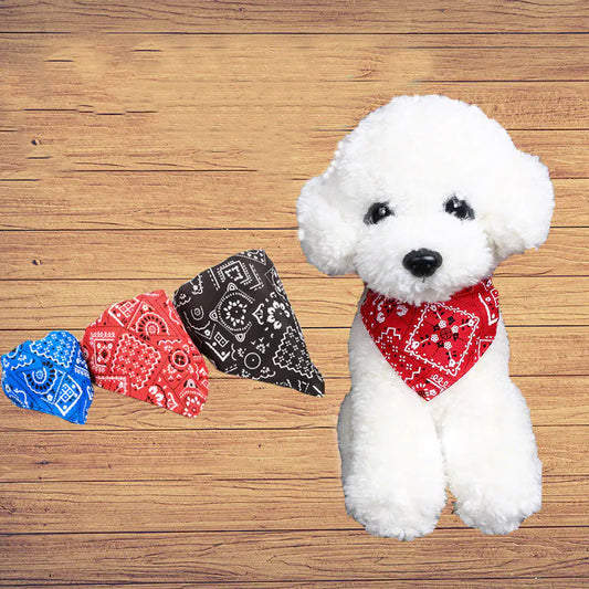 Adjustable neck scarf bandana for pets in blue, black, and red on a plush dog model.