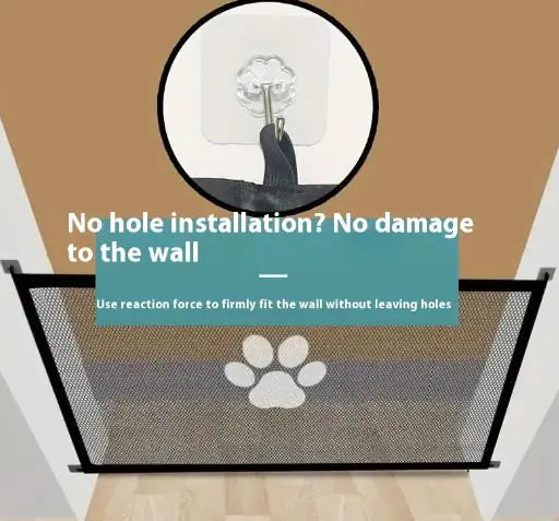 Safety Pet Gate installation showing no-hole design, durable black mesh barrier for dogs and cats.